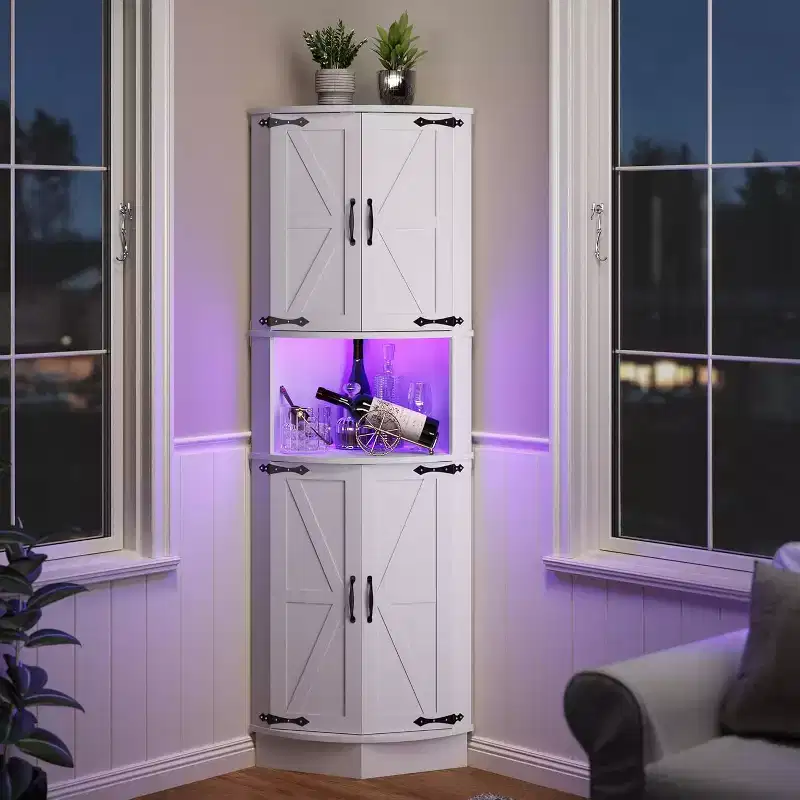 65 Tall Farmhouse Corner Cabinet with Light, Display Storage Cabinet with Barn Door, 5 Tier Shelves , Space Organizer for Living Room