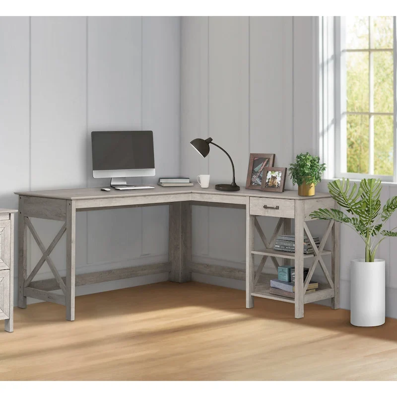 Honduras Washed Gray L-Shape Desk with 1 Drawer and 1 Open Shelf