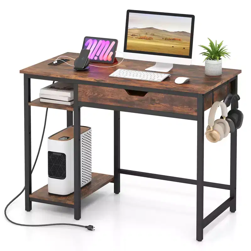 Computer Desk with Power Outlets, Drawer, Adjustable Shelf and Headphone Hooks