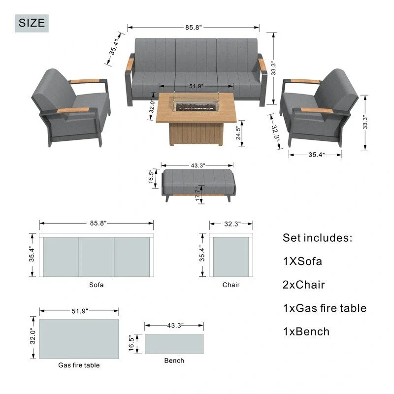 5-Piece Patio Acrylic Sponge Chat Set with Fire Pit Table and Bench