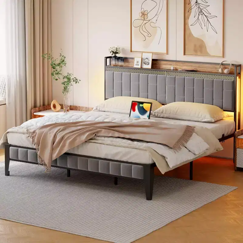Bed Frame with Led Lights and Storage Headboard, Upholstered Platform Bed with Charging Station, Heavy Duty, No Box Spring Needed, Easy Assembly