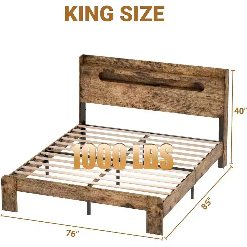 King Size Bed Frame with Headboard, LED Light, Durable Wooden Frame, No Noise, Rustic Brown (Arc Edge Rectangular Slot)