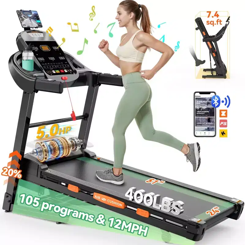 20% Auto Incline Treadmill, 400 lb Capacity, 5HP Folding Home Treadmill, Portable Running/Walking Machine with LCD Display, HiFi Speakers, Smart App