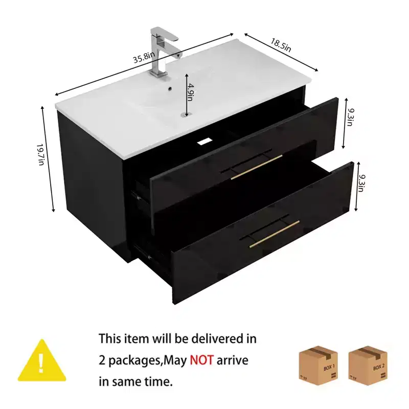 Bathroom Vanity Wall-Mounted with Sink, Double Drawers, Ceramic Sink, Long Metal Handle, Easy to Install