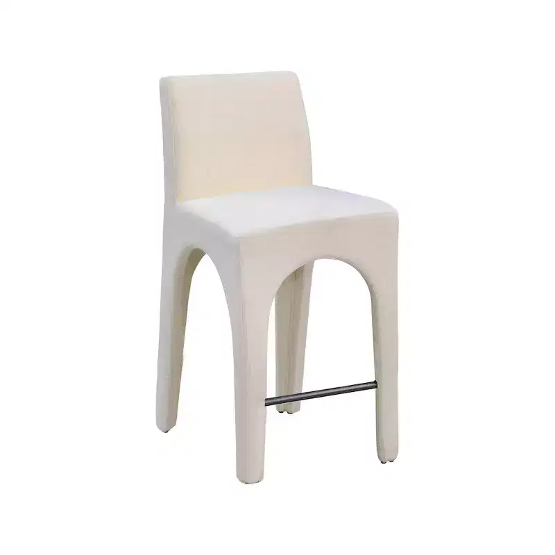 Beige Linen Textured Fabric Counter Stool, Art Deco Design, Arched Iron Frame, Mid Back