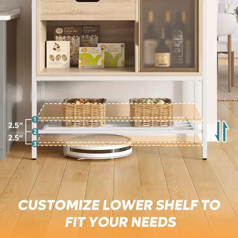 60 Inch Kitchen Baker's Rack with LED Light - 6-Tier Microwave Stand with Storage Drawer Cabinet & 8 Hooks