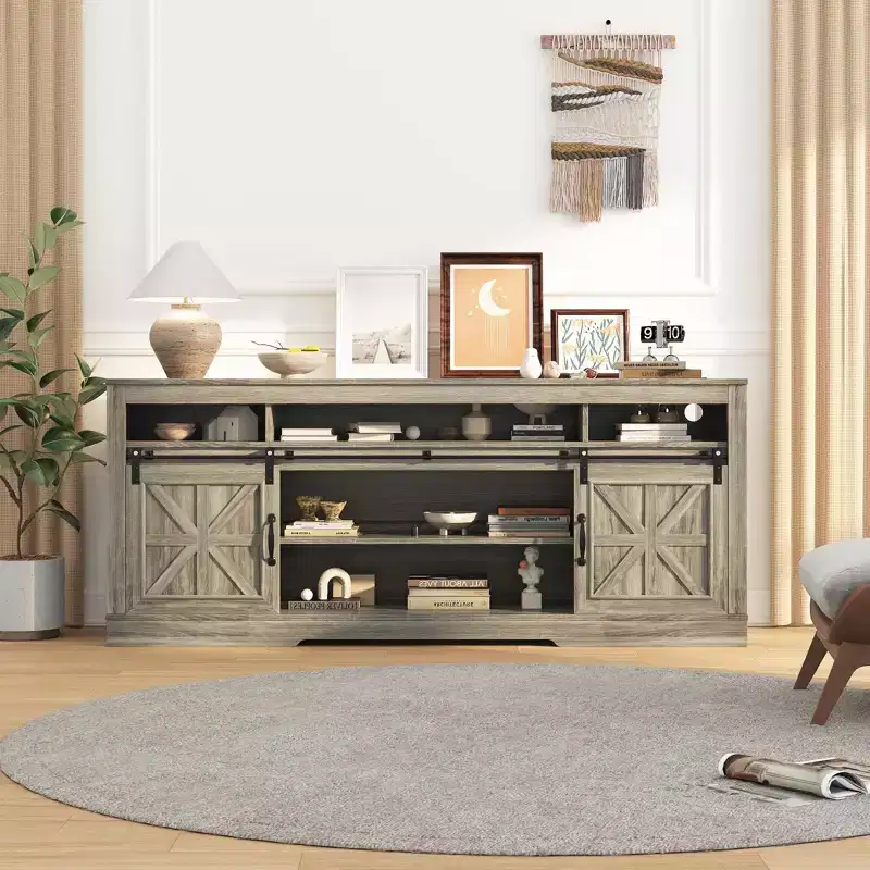 Farmhouse TV Console Table for 75 Television, Entertainment Center with Semi-Open Top Storage,Adjustable Shelf & Sliding Doors,Media TV Table Cabinet