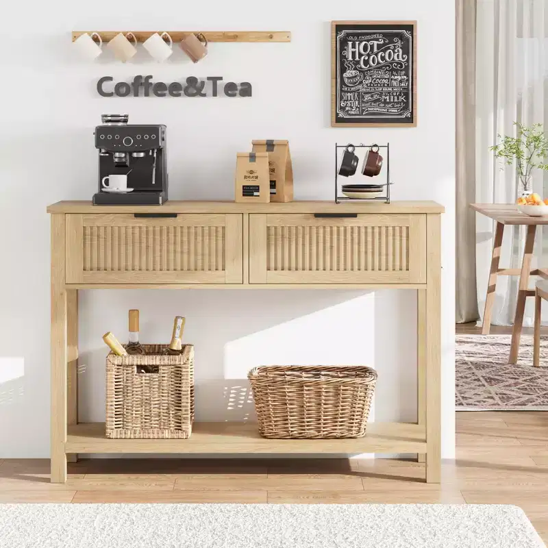 TROPOW Fluted Entryway Table with 2 Drawers, Console Table for Entryway, Wooden Sofa Table for Living Room, Foyer, Hallway-Burlywood