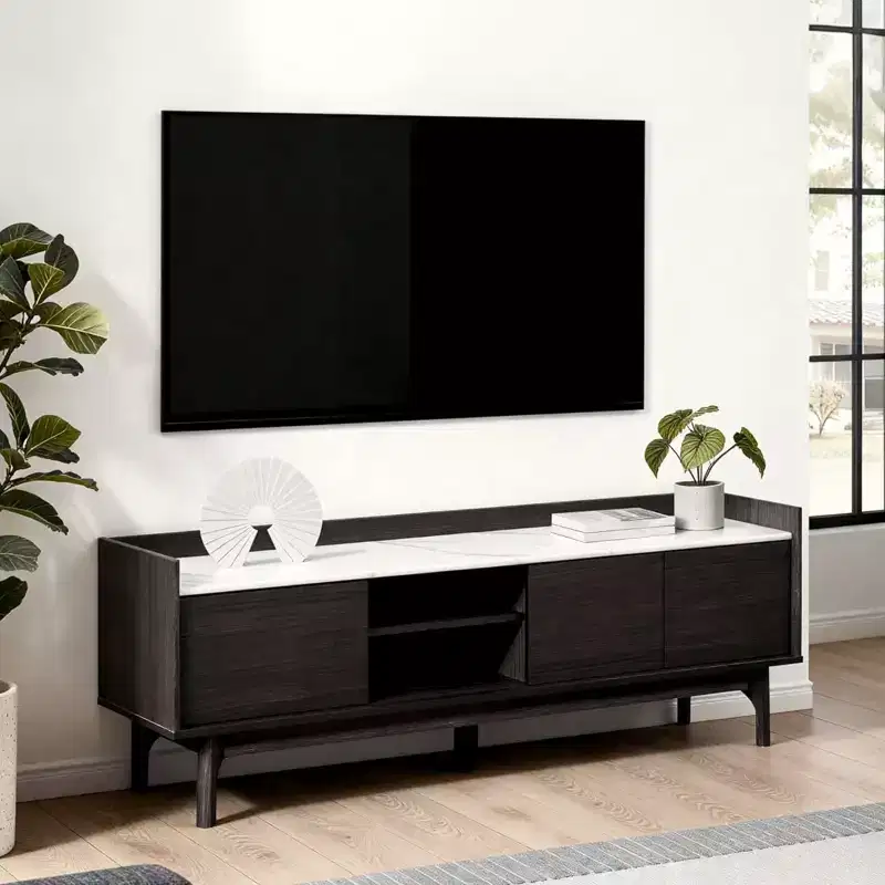 63-Inch TV Stand with Faux Marble Top for TVs Up to 65 Inches, Black Media Console