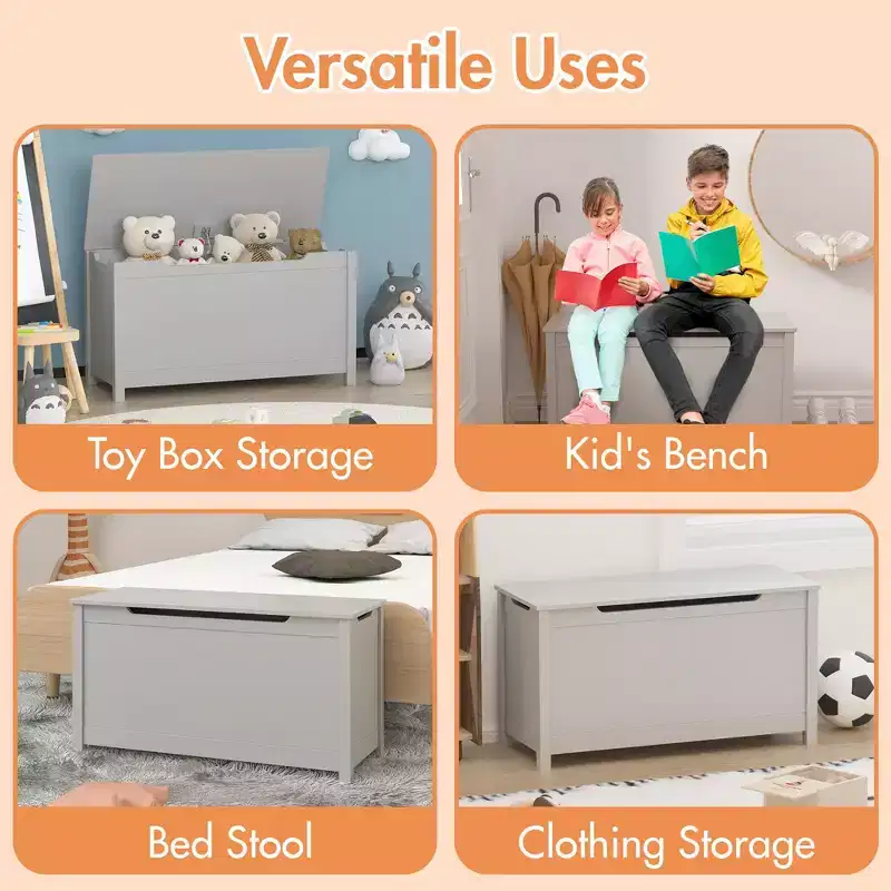 Gray Wooden Toy Storage Chest with Safety Hinged Lid, for Ages 2+, 1-Person Assembly