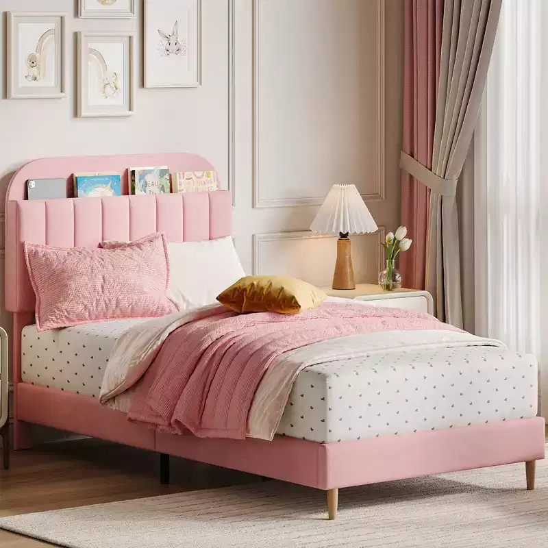Twin/Twin xl/Full Bed Frames, Velvet Upholstered Platform Bed Frame with Bookcase Headboard, Heavy Duty Steel Support Legs, Easy Assembly, Noise Free