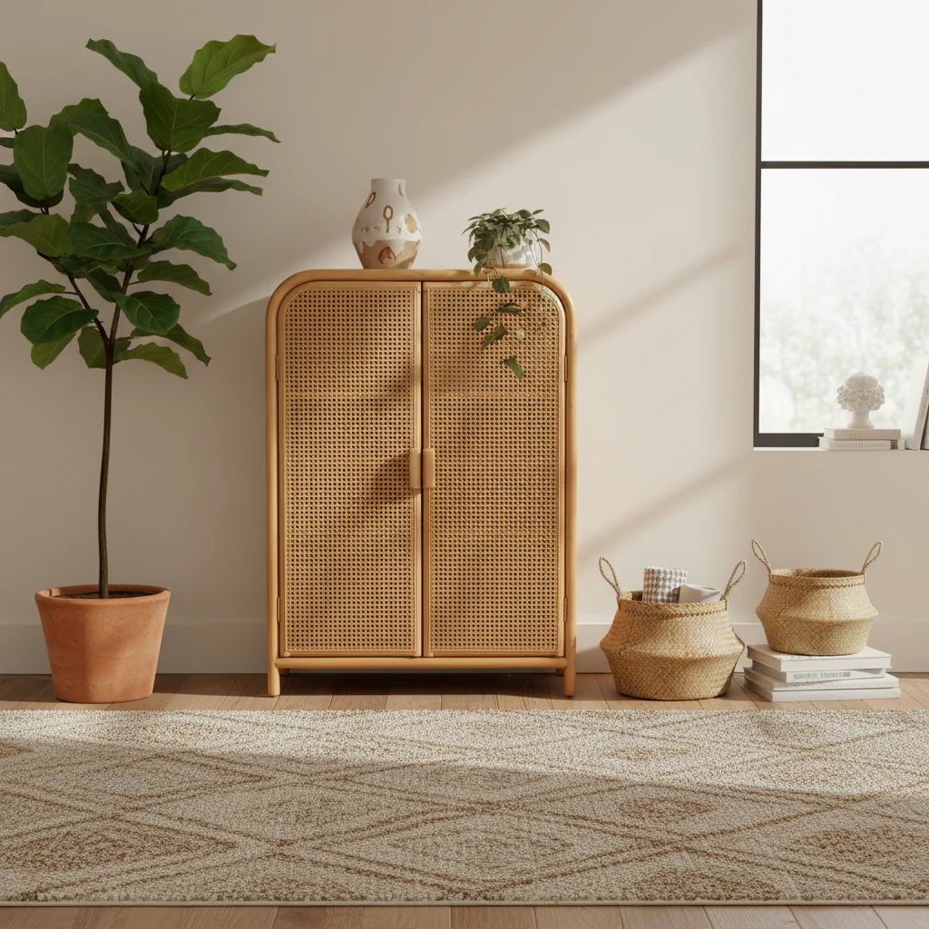Modern Bohemian Light Honey Rattan 2-Door Storage Cabinet