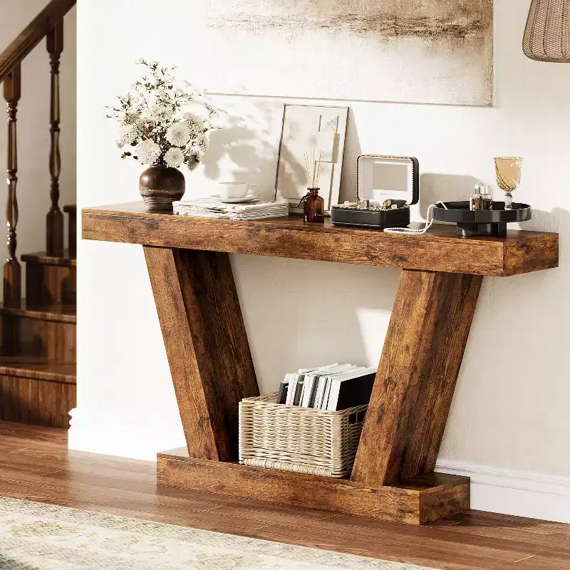 Farmhouse Extra-Long Narrow Console Table, 2-Tier Sofa Table Behind Couch, Entryway Accent Table for Hallway, Foyer & Living Room