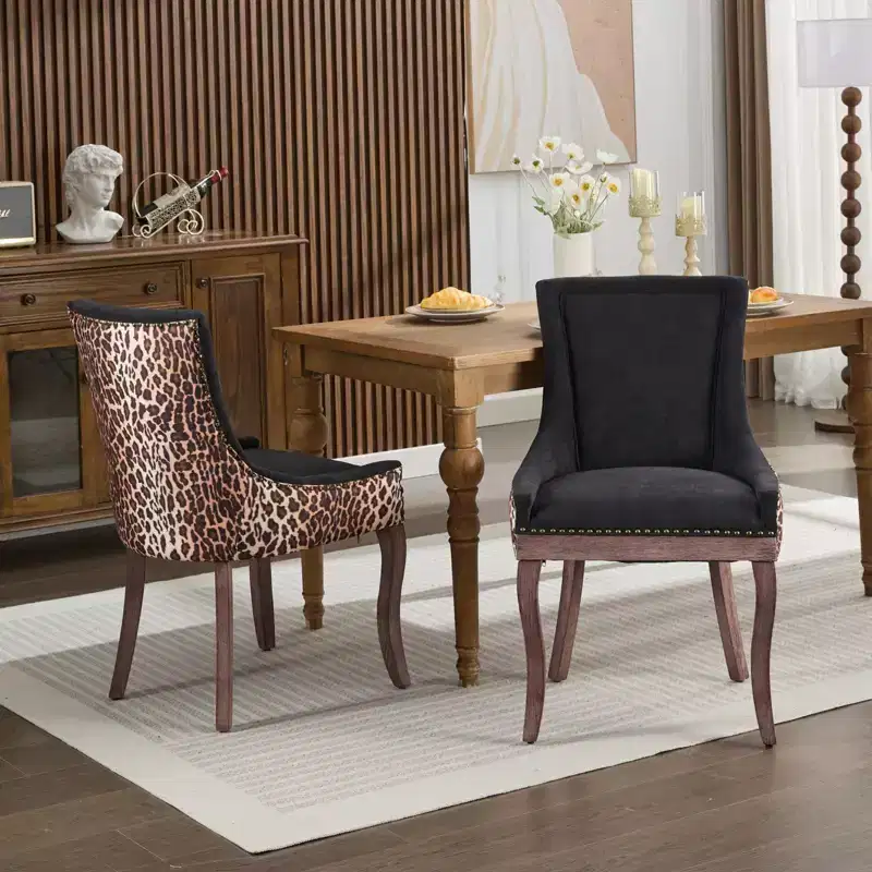 Okak Retro Dining Chairs Set of 2, Comfy Fabric Chairs with Thick Cushions, Kitchen Side Chairs with Solid Wood Legs Bronze Nail Head