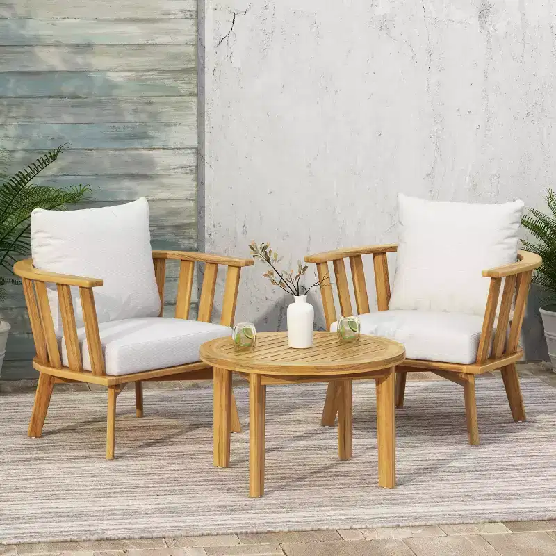 GDFStudio Dean Outdoor Acacia Wood 3 Piece Chat Set with Round Coffee Table, White/Teak