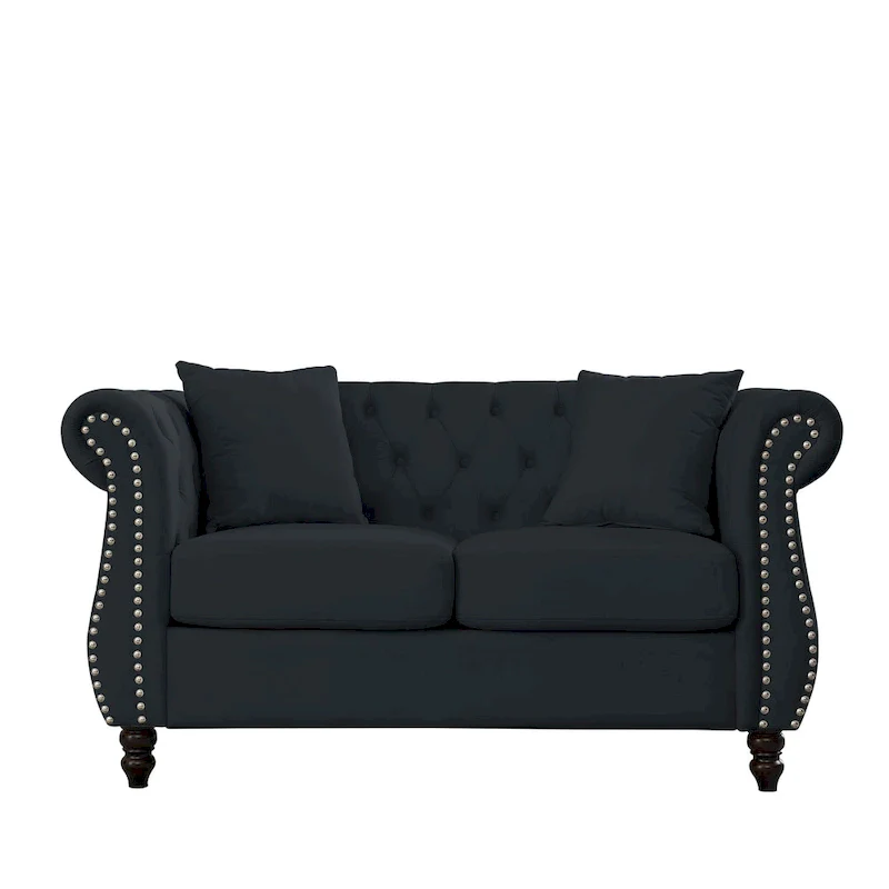 2-Seater Chesterfield Sofa with Rolled Arms and Nailhead Trim – Black Velvet