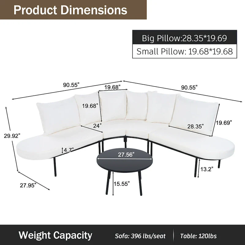 Iron Curved Sectional Sofa Set with Table and Cushions