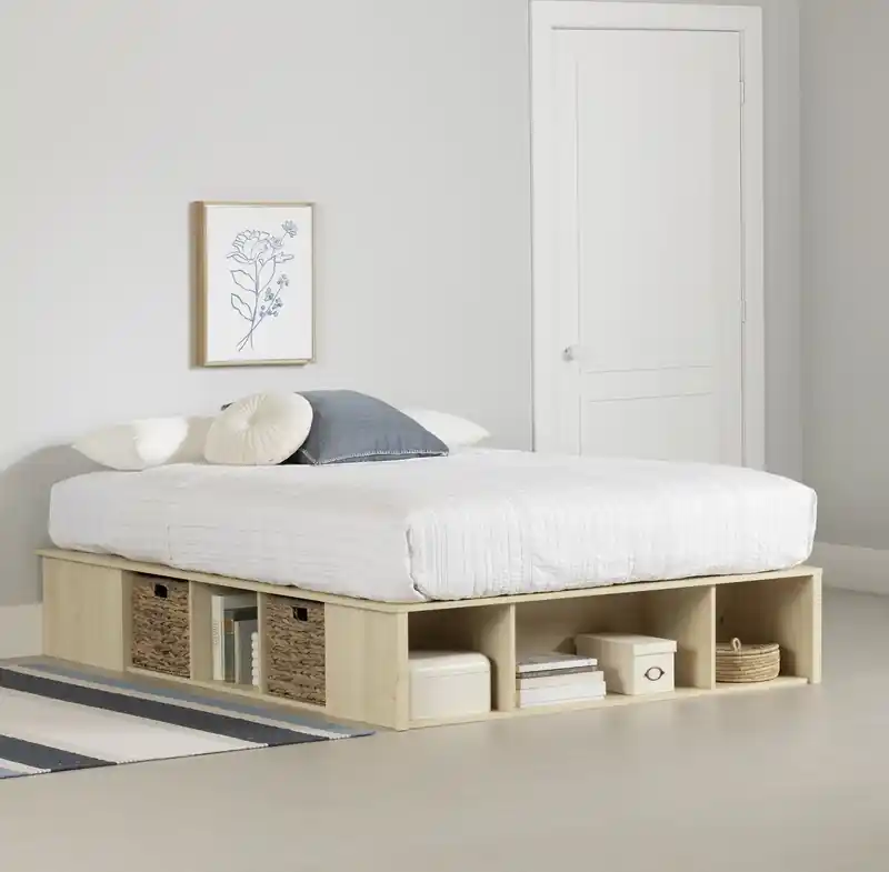 Storage Platform Bed With Wicker Baskets - Bleached Oak