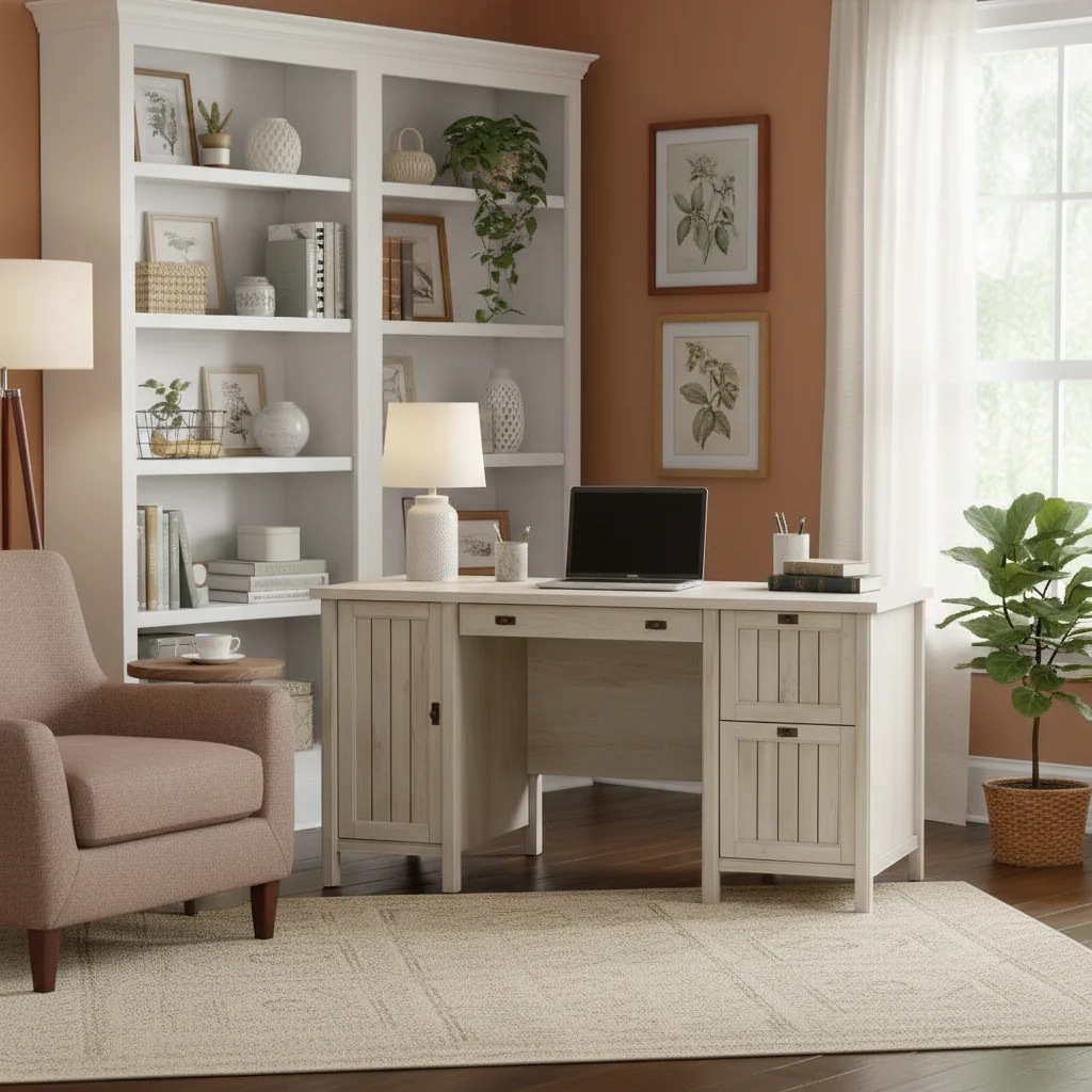 59.06 Commercial Grade Computer Office Desk with 2-Drawers & Cabinet - Chalked Chestnut