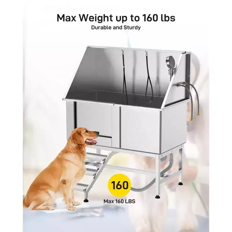 Dog Bath Tub, Dog Grooming Tub 50 Inch Professional Stainless Steel - with Stairs Floor Grate Faucet for Medium & Small Pets