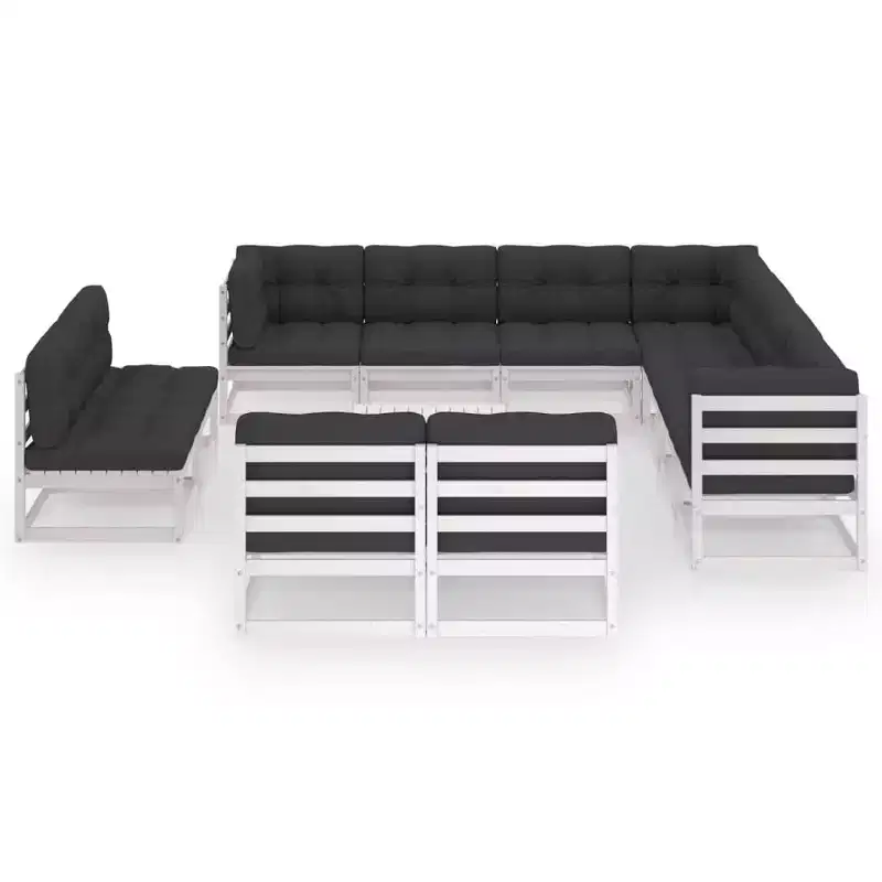vidaXL White Solid Pinewood Patio Lounge Set, Rustic Charm Outdoor Furniture with Cushions - 12 Piece Set - Stable, Durable-Retro Style