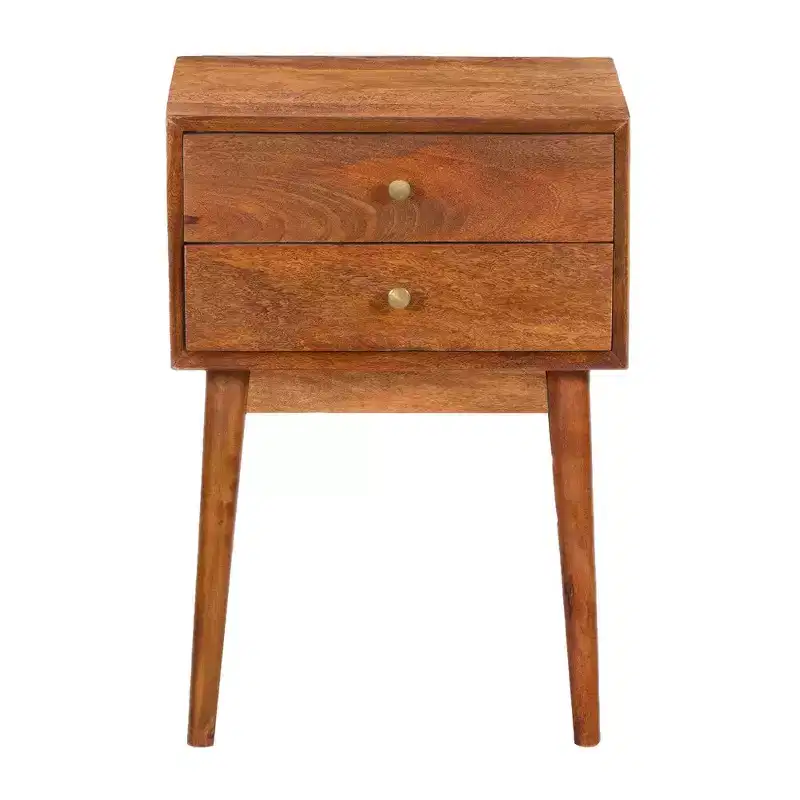Royal Hampton Bedside Nightstand Table with 2 Drawers and Brass Knobs, Mango Wood Construction