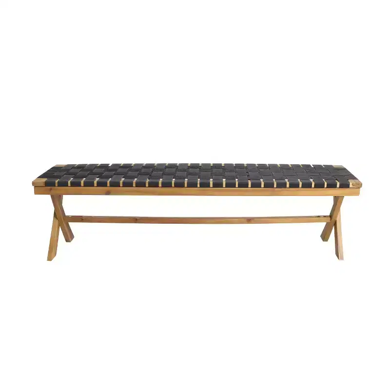 GDFStudio Angie Outdoor 61 Acacia Wood and Rope Bench, Black/Teak