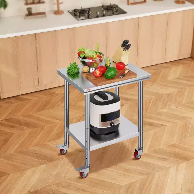 VEVOR Stainless Steel Work Table 30 x 24 x 33 Inch, 700 LBS Load Capacity with 4 Wheels, 3 Adjustable Height Levels, Silver