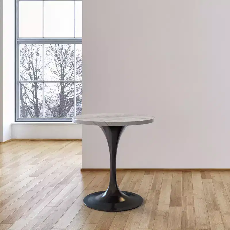 LeisureMod Verve 36 Round Dining Table - Modern Resin Top with Black Steel Pedestal Base Accent Table for Contemporary Dining and Kitchen Room