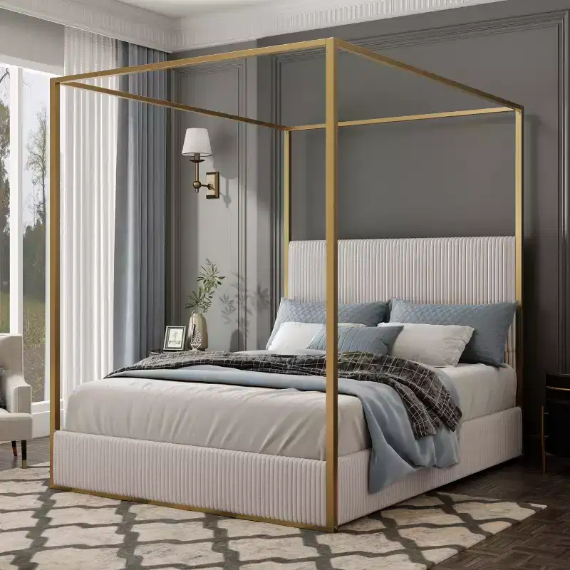 Queen/King Size Canopy Bed Metal 4-Poster Bed Frame with Tall Corduroy Upholstered Headboard, Beige+Gold/Black+White-ModernLuxe