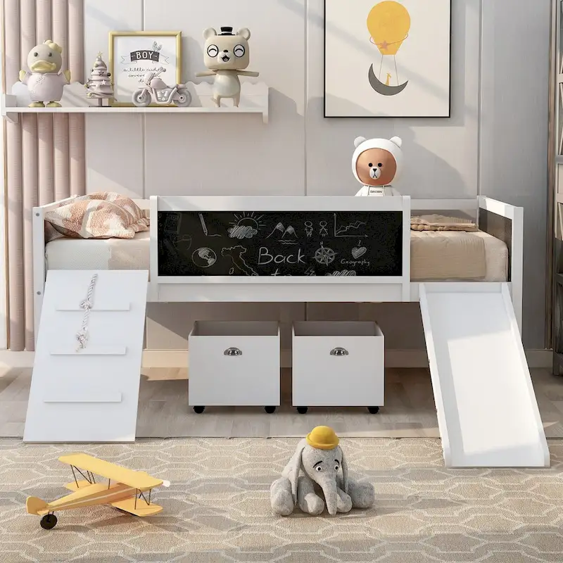 Twin Size Loft Bed Wood Guardrail Bed with Two Storage Boxes and Double-Sided Chalkboard, Climbing Frame & Rope Design