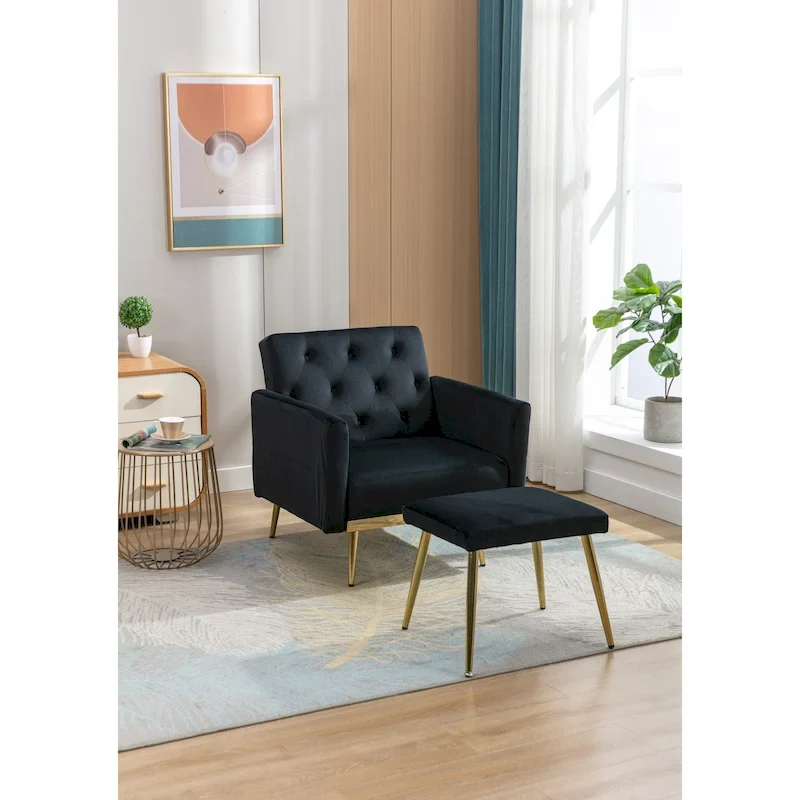 HOMEFUN Velvet Tufted Adjustable Armrests and Backrest Armchair with Ottoman