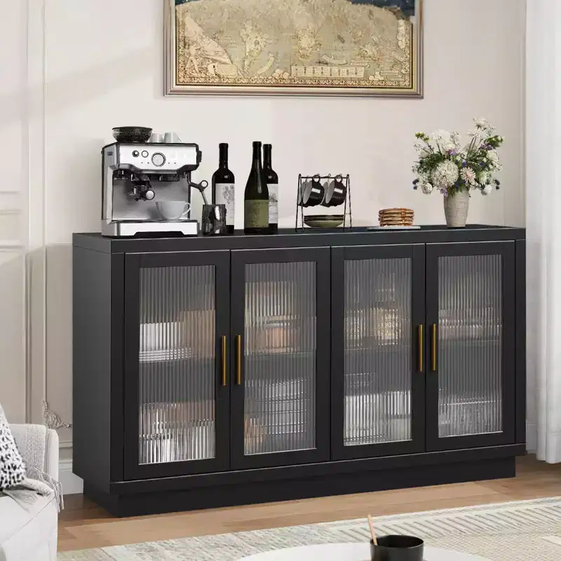 Black Buffet Sideboard Cabinet with 4 Glass Doors and Adjustable Shelves