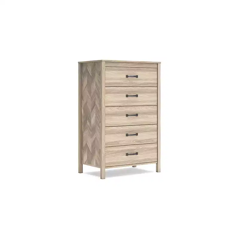 5 Drawer Dresser, Tan, Mid-Century Modern with Oak Grain and Chevron Pattern, Ball-Bearing Glides