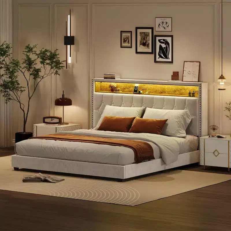 Coolmee Full/Queen/King Size Bed Frame with LED Lights, Upholstered Platform Bed with Charging Station and 2-Tier Storage Headboard
