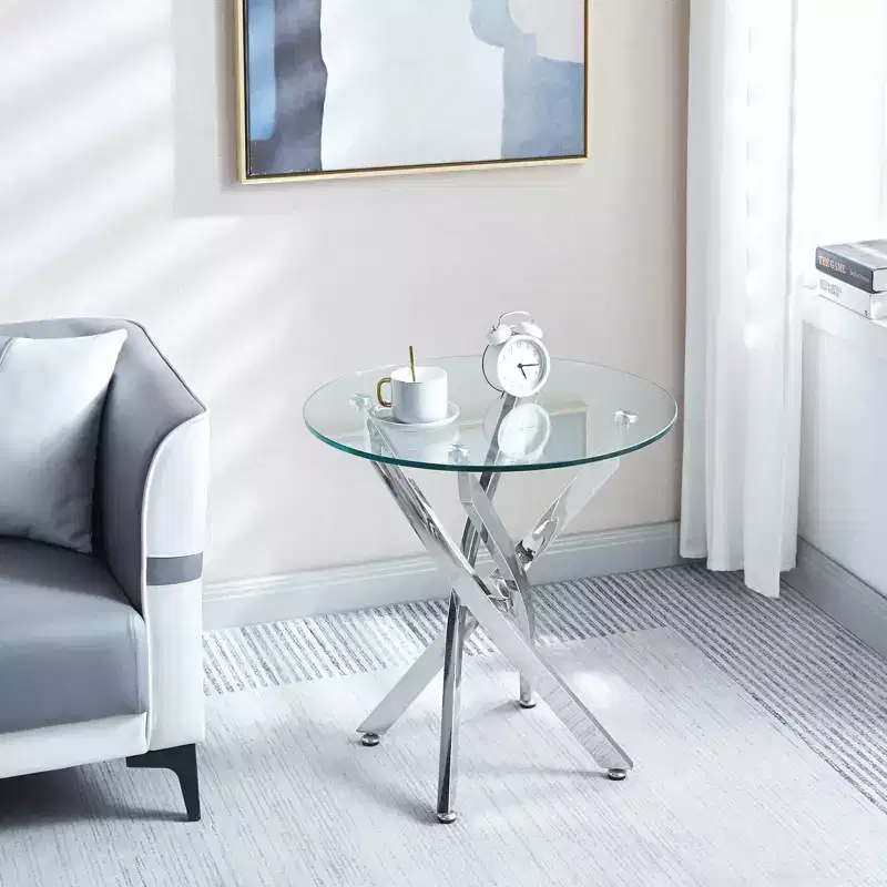 23.6 Inch Round Glass End Table, Tempered Glass Top with Chrome Legs for Living Room Dining Room Home Office