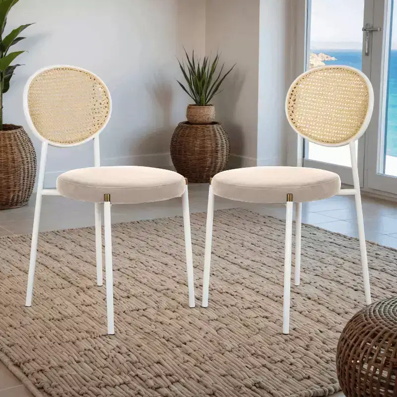 LeisureMod Euston Velvet Rattan Open Back Dining Chairs Set of 2  Stainless Steel Base, Comfortable Modern Seating for Kitchen, Dining Room, Cafe