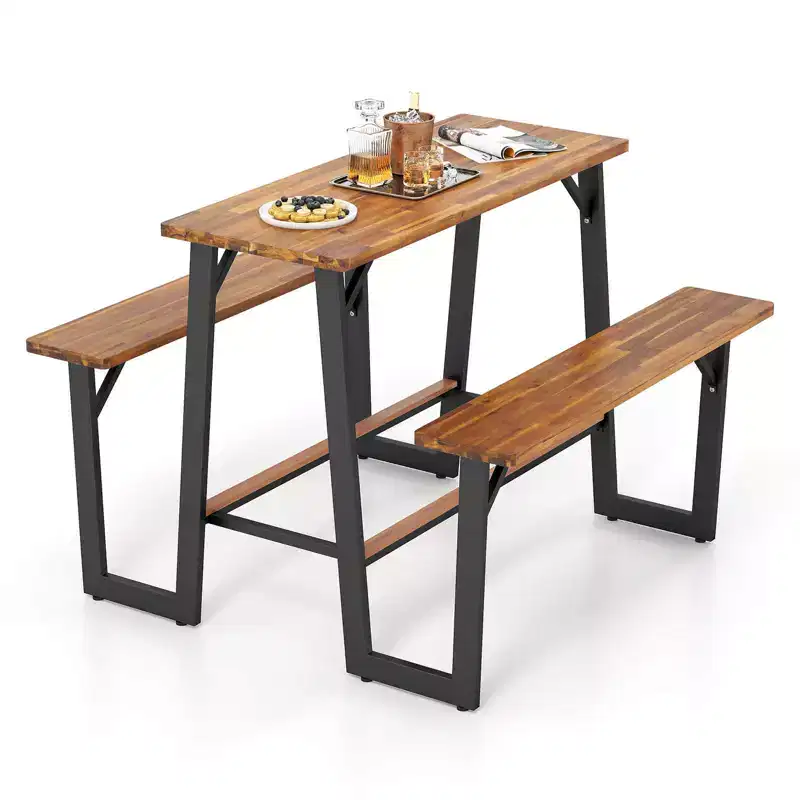 Costway Patio Picnic Table Bench Set with Acacia Wood Tabletop Benchtop Built-in Footrests