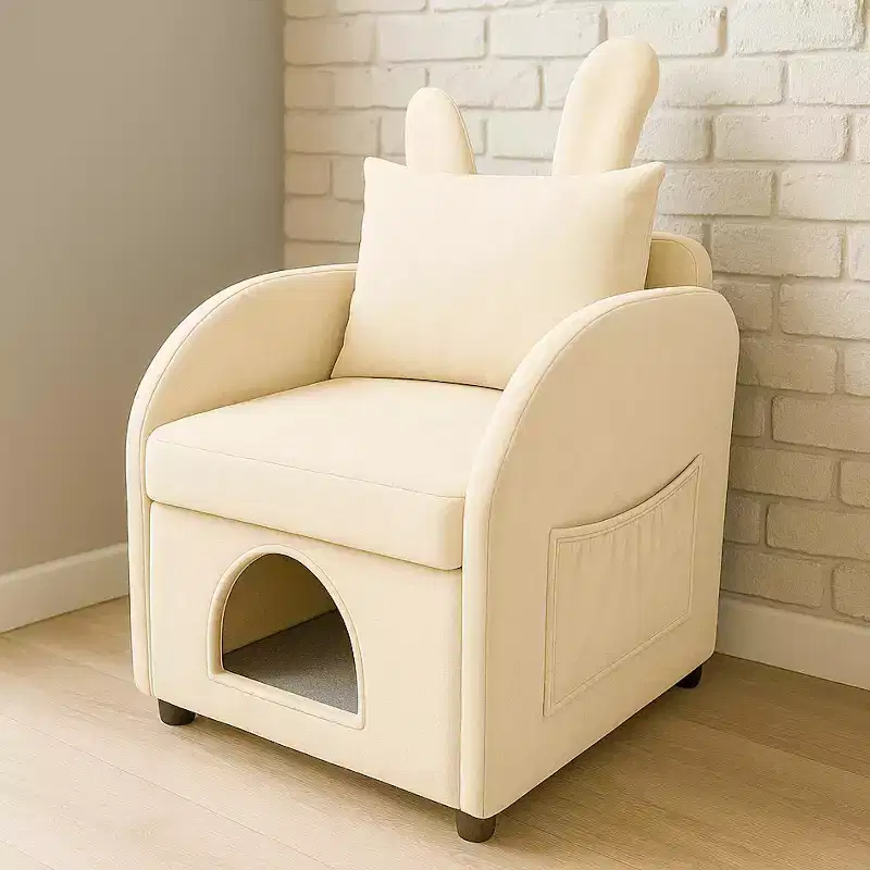 JVNOXK 27-inch Rabbit Ear Pet-Friendly Armchair with Built-in Cat/Dog Hideaway and Side Pockets Comfortable Dual-Use Sofa Chair, Beige