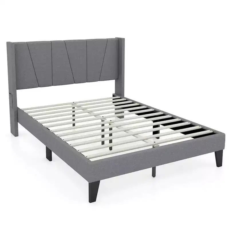 Costway Full Size Upholstered Bed Frame w/ Elastic Pockets Mattress Foundation Gray