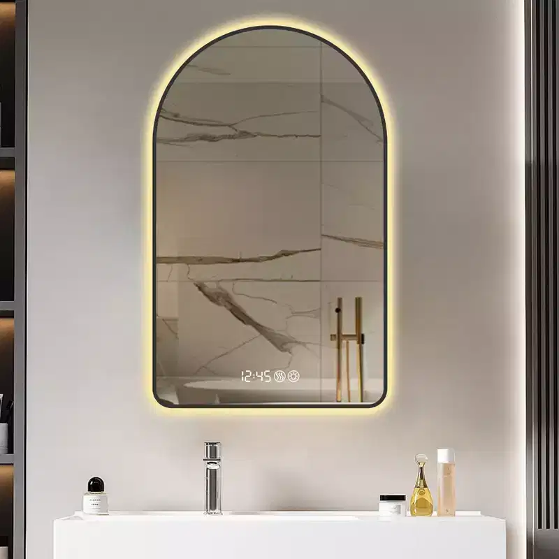 Whisen Arched LED Bathroom Vanity Wall Mirror with Aluminum Frame, Temperature & Time Display, Dimmable Lights and Anti-Fog - Black
