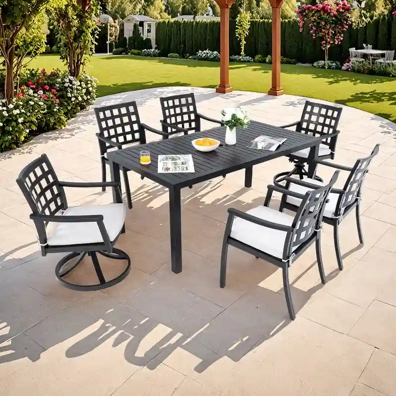 Modern 7-Piece Patio Set-Rectangular Table & 6 Chairs (2 Swivel Rockers)-Cast Aluminum- Sunbrella Cushions-Weatherproof