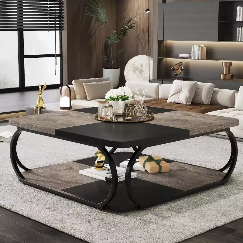 Lantine 39-Inch Coffee Table with Open Storage Shelf, Large Wood Square Low Center Table for Living Room, Home Office, Black Rustic Grey