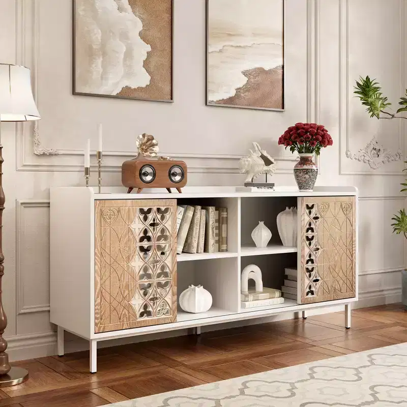 Clihome Sicotas Mid Century Sideboard Storage Rustic Sliding Door Solid Wood Cabinet for Living Room Decorative TV Buffet and Storage for TV Stand