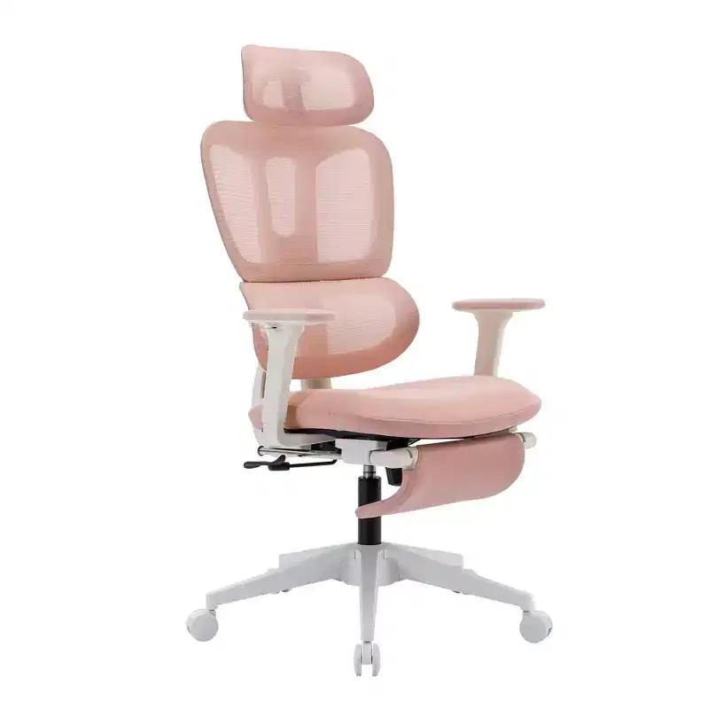 Pink Mesh Office Chair w/ Footrest, Adjustable Arms, Lumbar & Headrest, 360 Silent Wheels
