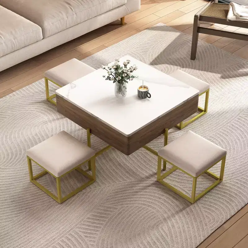 Lift Top Coffee Table with 4 Stools, Multifunctional Folding Dining Table with Hidden Storage for Small Spaces