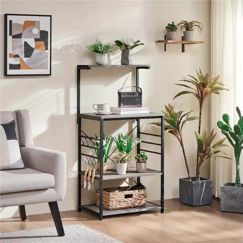 50.5 Inch Kitchen Baker's Rack With 4 Shelves and 6 Side Hooks, Metal Frame With Particle Board Shelves