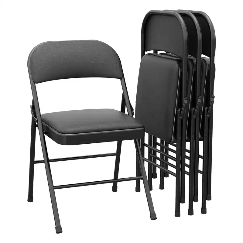 4-Pack Padded Folding Chairs – PU Leather, 350 LB Capacity, Black