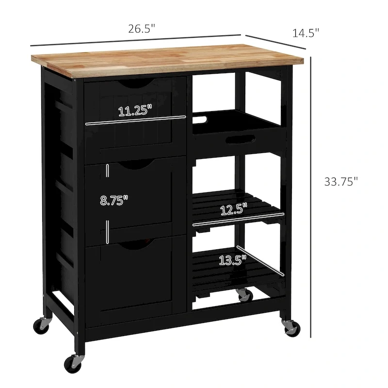 Rolling Kitchen Island Cart with Wood Top, Shelves and Drawers