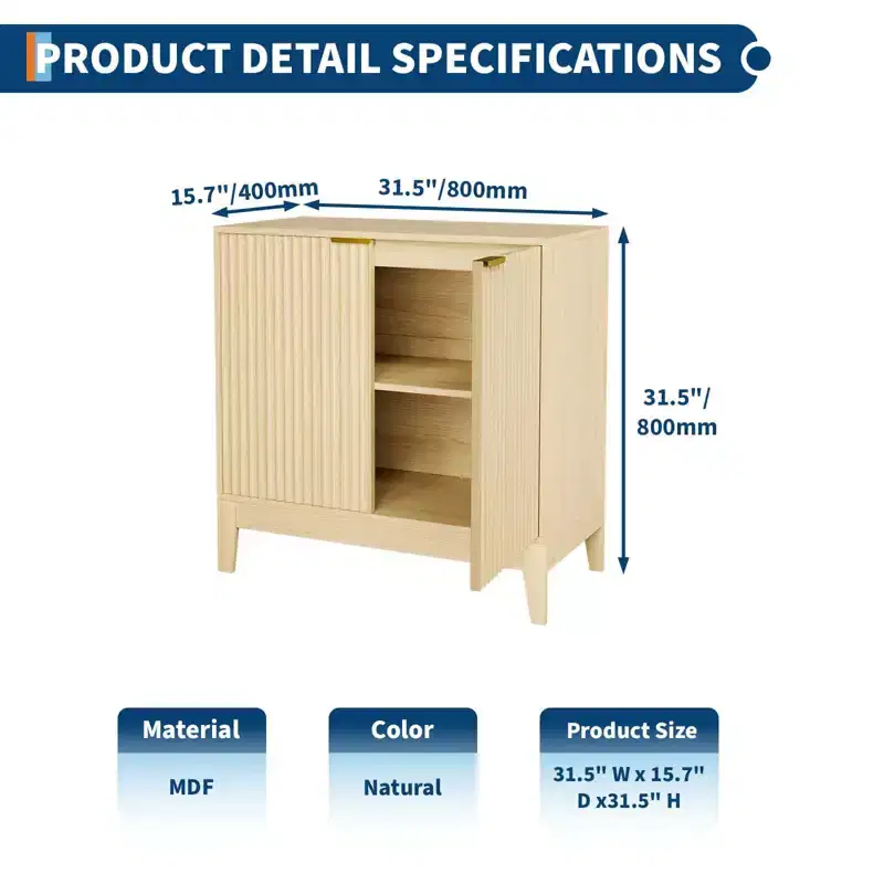 31.5 Inch Fluted Sideboard Buffet Cabinet with Doors and Adjustable Shelf, Modern Wooden Coffee Bar for Living Room Dining Room Kitchen Entryway